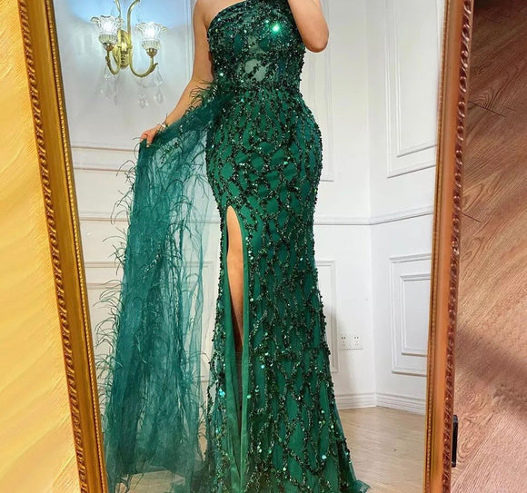 One Shoulder Feather Dress- Emerald