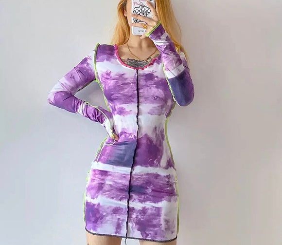 Sexy Long Sleeve Tie Dye Bodycon Dress- Purple
